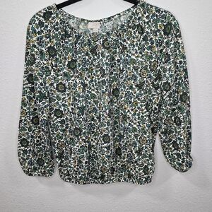 Loft Floral  Pattern Blouse Green and White Womens Long Sleeve Size XS.